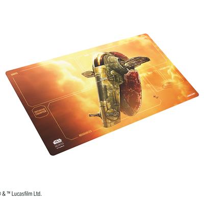 Gamegenic Playmat featuring Fett's Firespray from Star Wars Unlimited, showcasing vibrant artwork of the iconic starship.