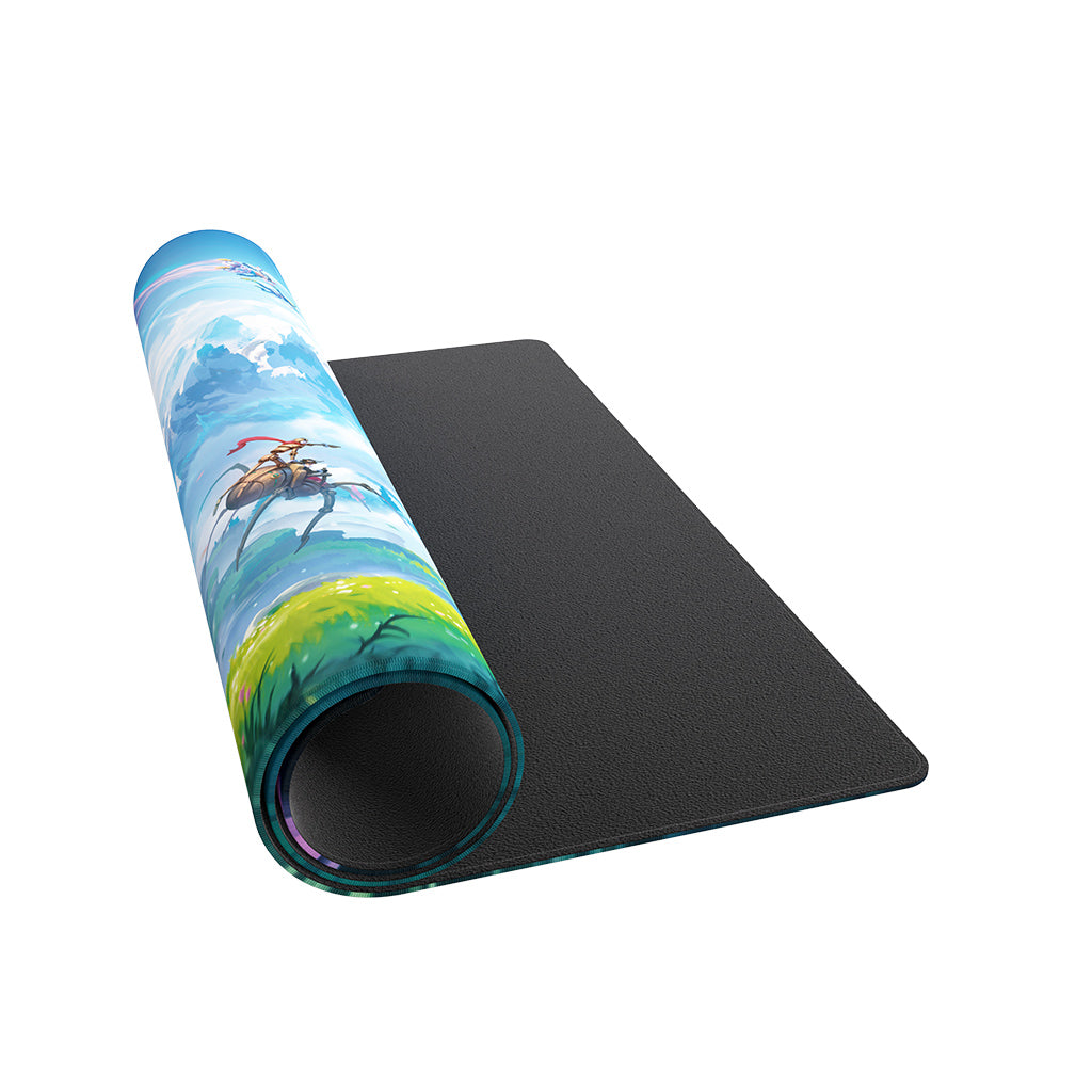 Colorful rolled playmat featuring a fantasy landscape with a character on a mount, designed for TCG gameplay.