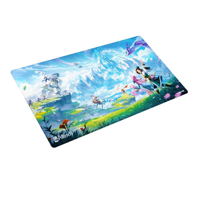 Vibrant playmat featuring a fantasy landscape with mountains, mythical creatures, and characters in a lush setting.