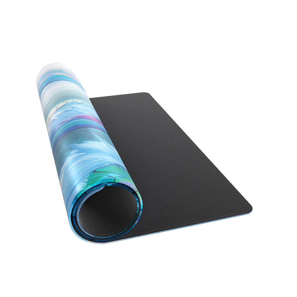 Vibrant Kuraokami-themed playmat featuring a colorful design, rolled up with a textured black underside for grip.