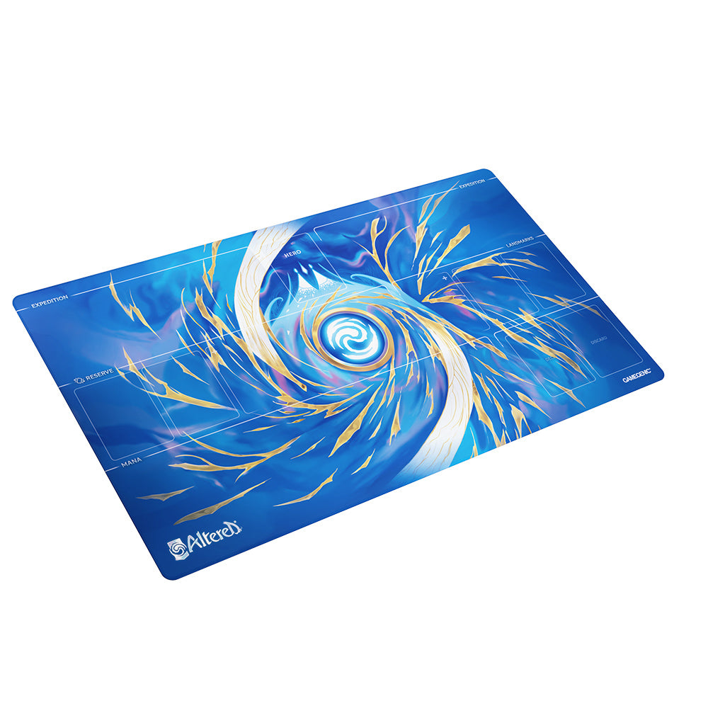 Vibrant blue playmat featuring a swirling ice storm design, perfect for tabletop gaming and card play.
