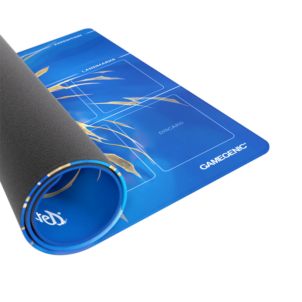 Blue playmat featuring an ice storm design, with sections for competition, lands, and discard for trading card games.