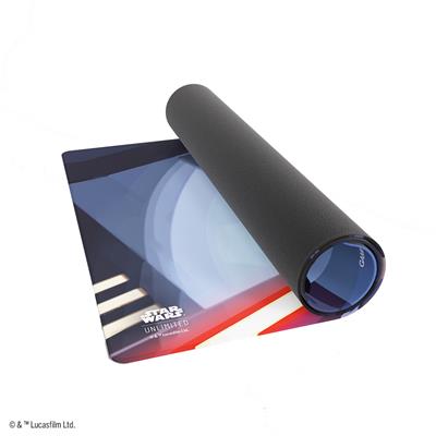 Gamegenic Playmat featuring Darth Maul from Star Wars Unlimited, rolled up with vibrant artwork and a textured surface.