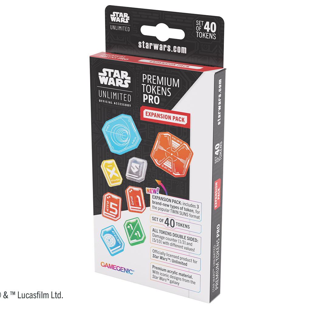 Star Wars Unlimited Premium Tokens Pro Expansion Pack featuring 40 double-sided tokens for gameplay enhancement.