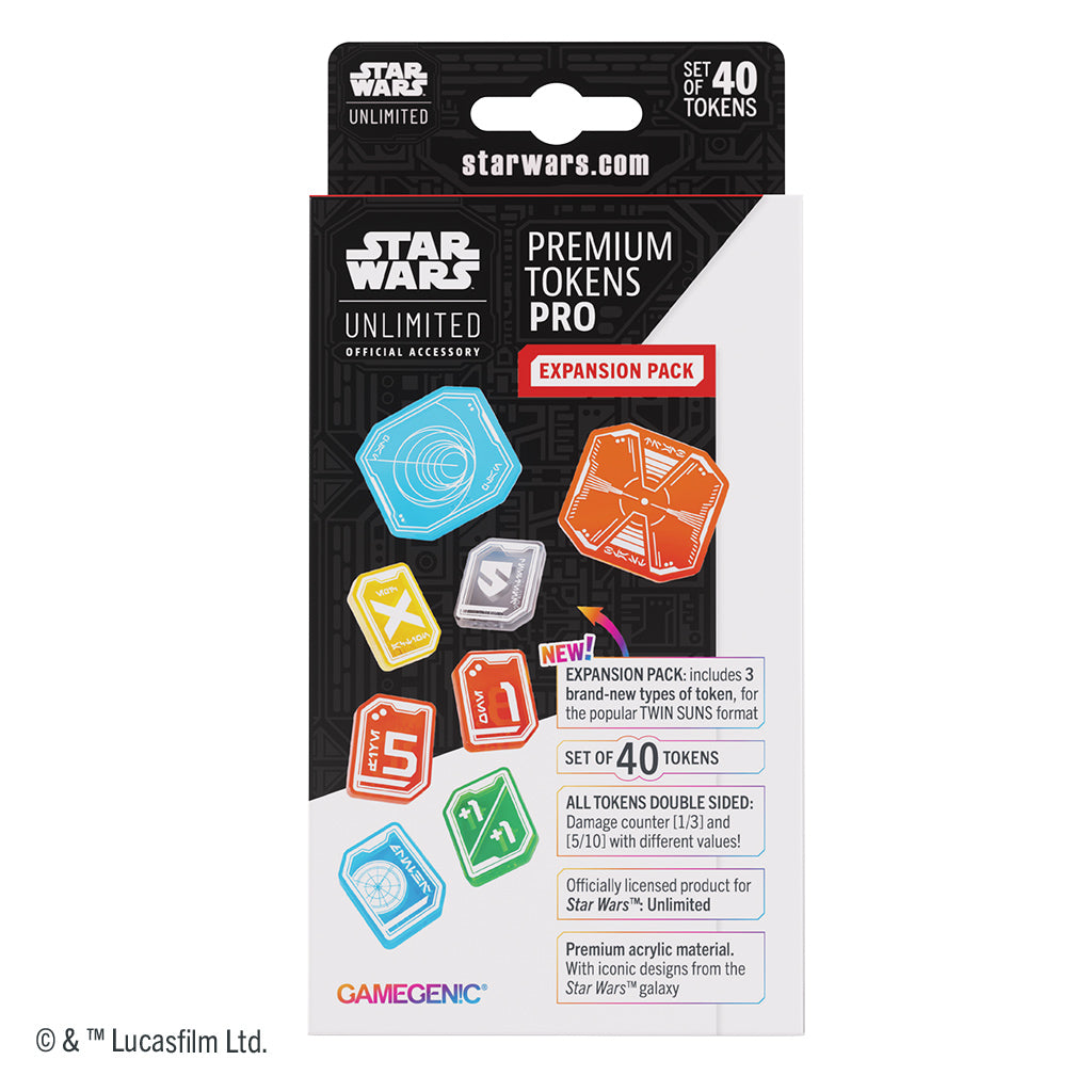 Premium Tokens Pro Expansion Pack for Star Wars Unlimited, featuring 40 double-sided tokens for gameplay enhancement.