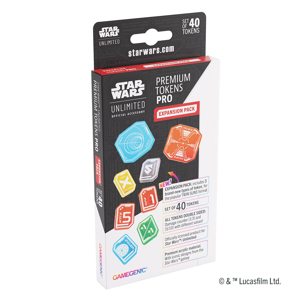 Gamegenic Star Wars Unlimited Premium Tokens Pro Expansion Pack featuring a set of 40 colorful gaming tokens.