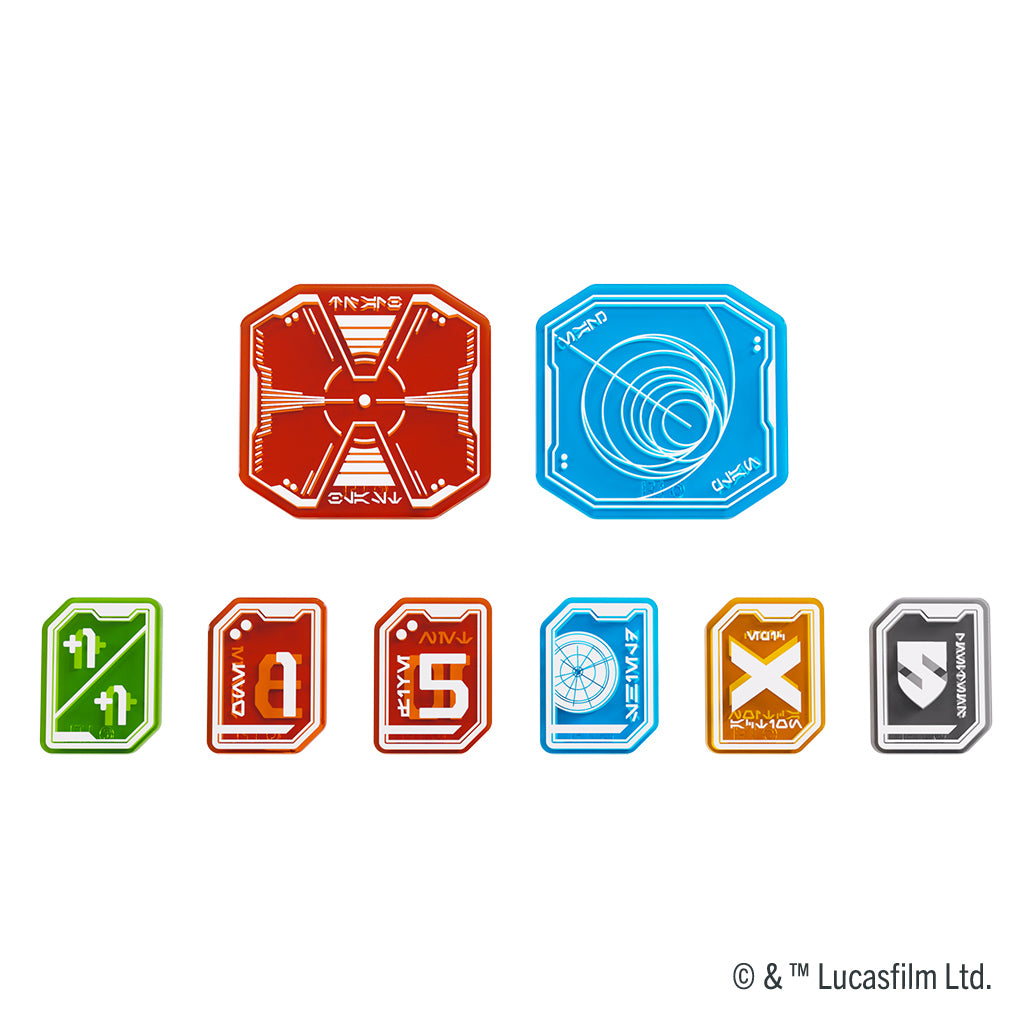 Premium tokens from Gamegenic's Star Wars Unlimited Pro Expansion Pack, featuring various designs and colors for gameplay.