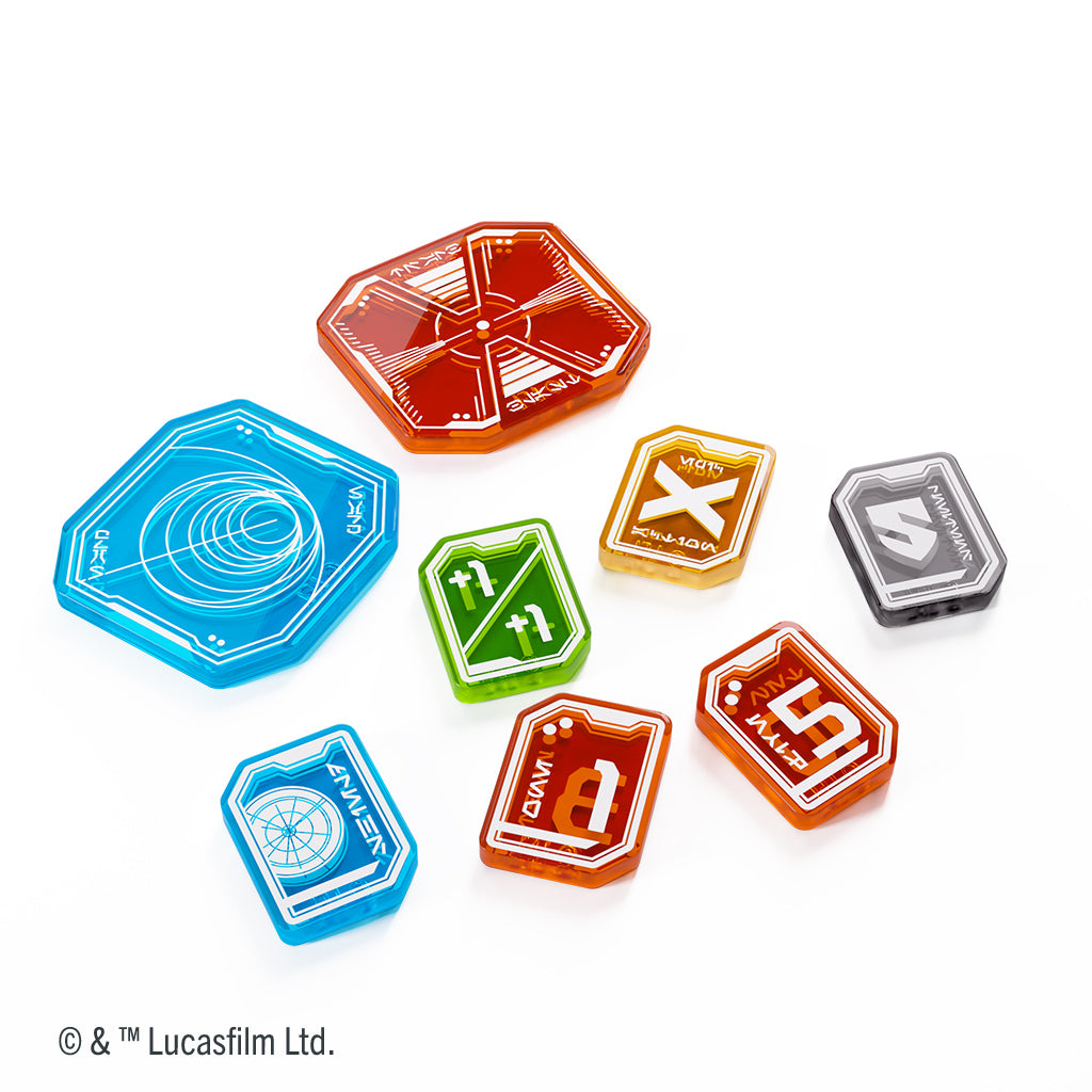Premium tokens from the Gamegenic Star Wars Unlimited Pro Expansion Pack, featuring various designs in vibrant colors.