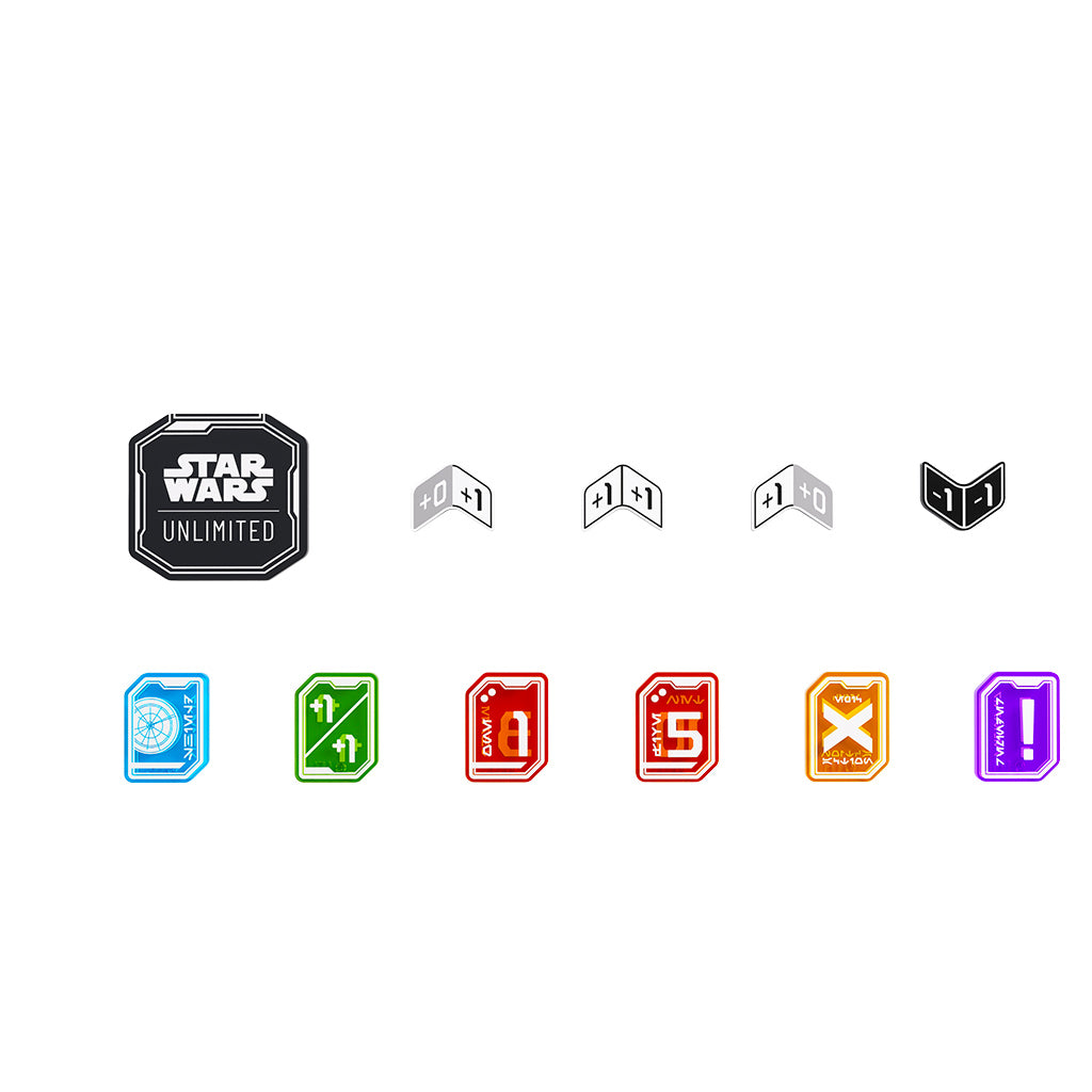 Premium tokens for Star Wars Unlimited featuring various symbols and values for gameplay enhancement and strategy.