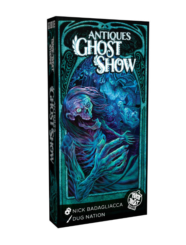 Antiques Ghost Show board game box featuring a ghostly figure and intricate artwork, available for preorder.