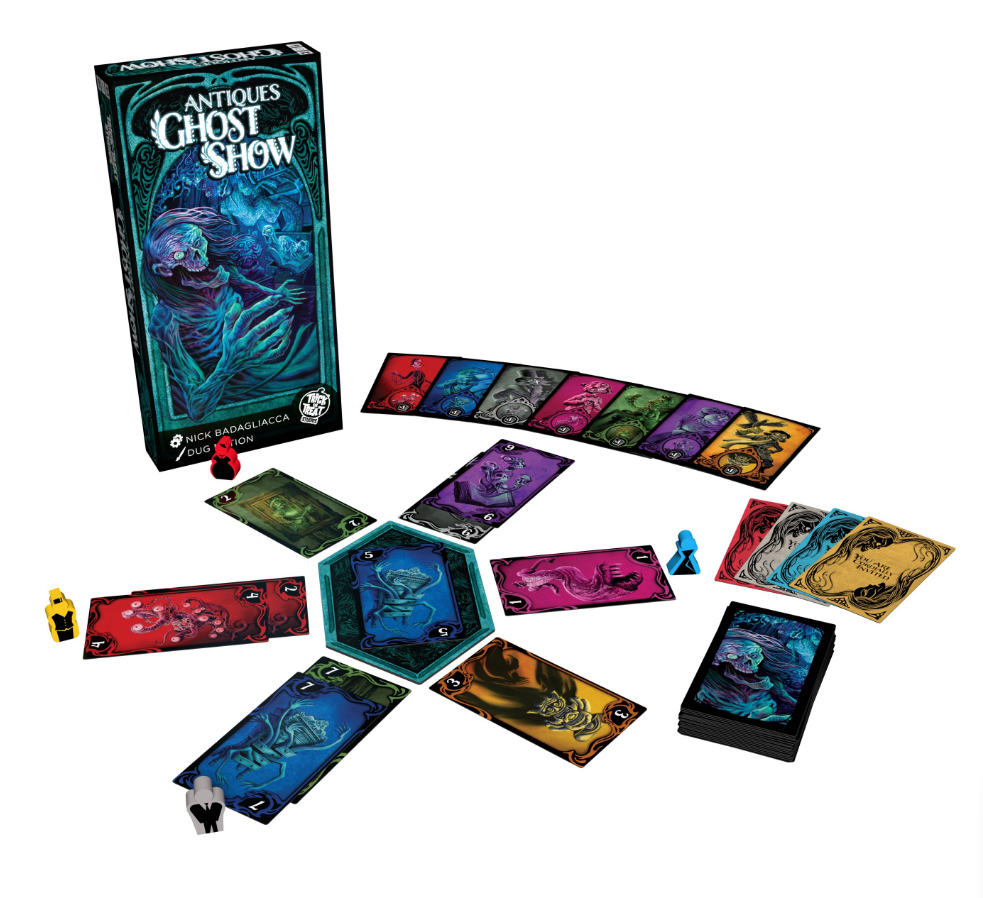 Antiques Ghost Show board game featuring colorful cards, player pieces, and a decorative box, designed for strategic gameplay.