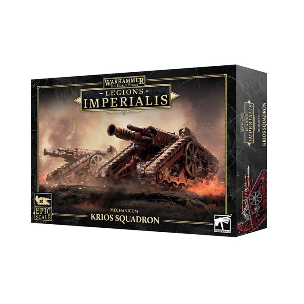 Box set of Legions Imperialis: Mechanicum - Krios Squadron featuring detailed artwork of armored vehicles for tabletop gaming.