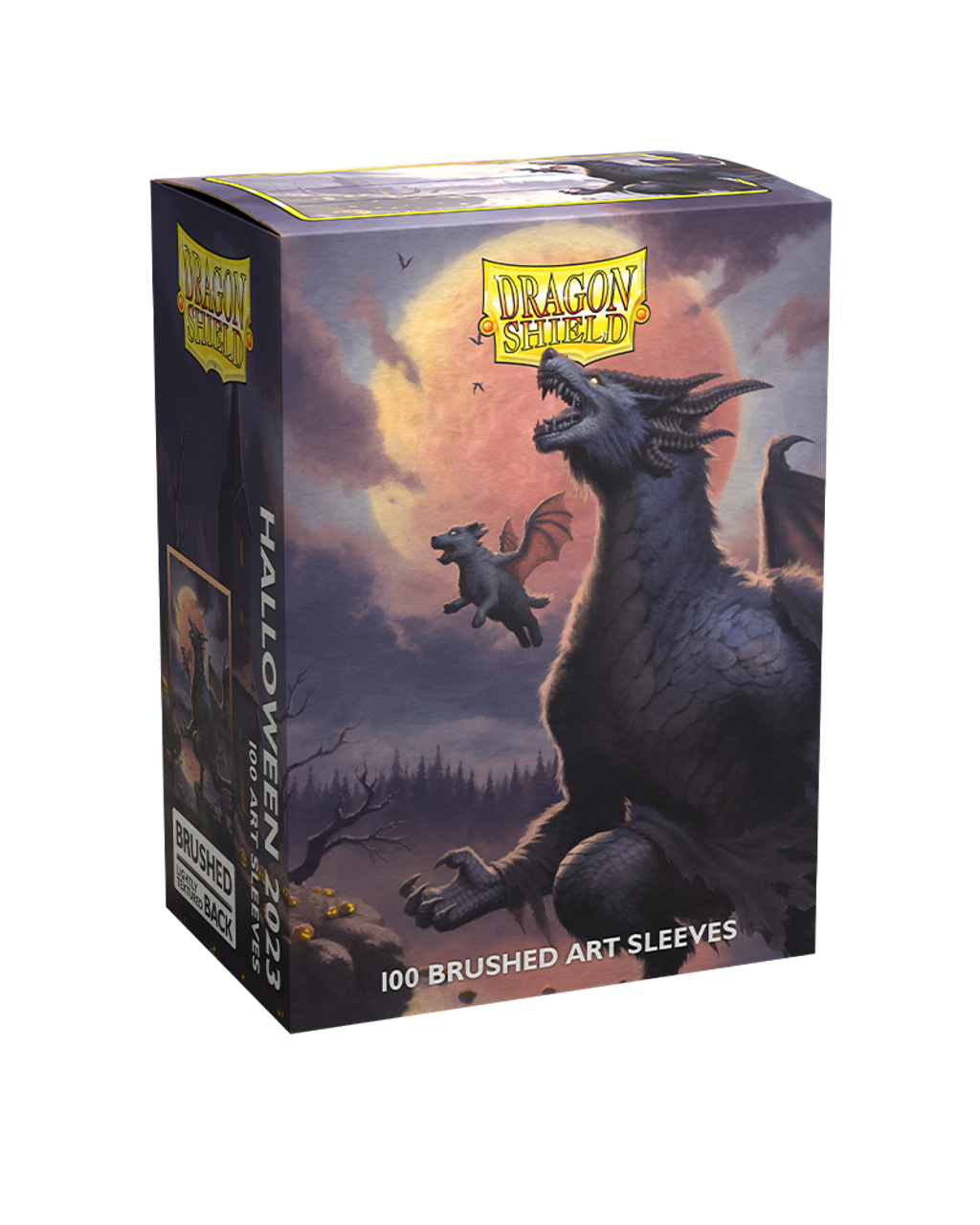 Dragon Shield Halloween 2023 brushed art card sleeves featuring a dragon and bat design, packaged in a decorative box of 100.