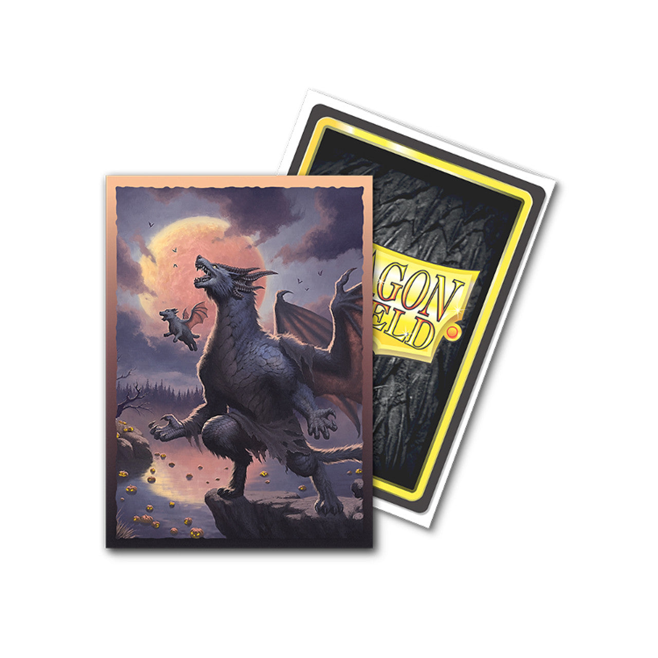Dragon Shield Halloween 2023 brushed art card sleeves featuring a dragon under a full moon, with a dark, textured back.
