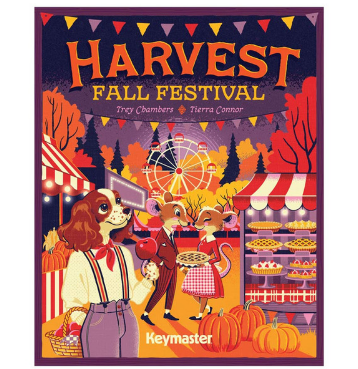 Colorful box art for the Harvest: Fall Festival Expansion featuring a dog and a deer at a festive market with autumn treats.