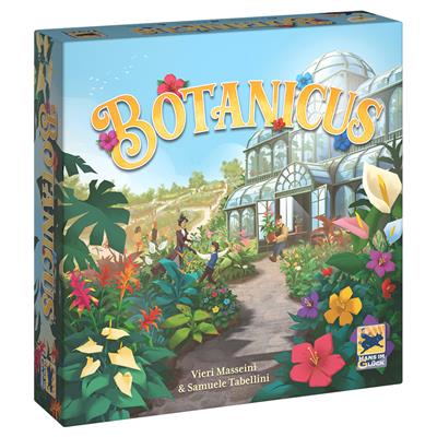 Colorful board game box for Botanicus featuring a vibrant greenhouse surrounded by various flowers and plants.