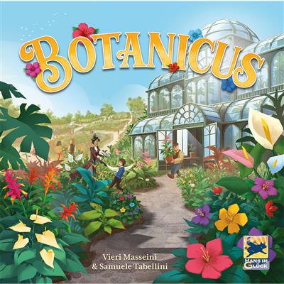 Colorful game cover for Botanicus featuring a lush greenhouse filled with vibrant flowers and plants.