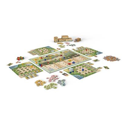 Botanicus board game setup featuring colorful player pieces, cards, and game boards on a tabletop.