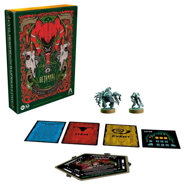 Betrayal at House on the Hill Evil Reigns in the Winters Pale expansion box with miniatures, cards, and game tiles displayed.