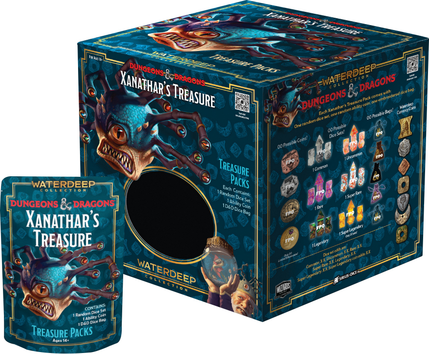 Dungeons and Dragons Xanathar's Treasure Pack blind box featuring a colorful design and various dice sets.