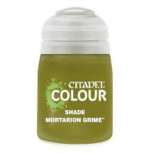 Citadel Colour Shade Paint in Mortarion Grime, 18ml bottle, featuring a greenish-brown hue for miniature detailing.