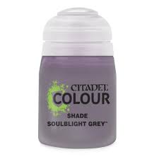 Citadel Colour Shade Paint in Soulblight Grey, 18ml bottle with a grey tint and clear lid, ideal for miniature painting.