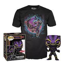 Funko POP! Black Panther figure and t-shirt featuring vibrant artwork, packaged in a collector's box. Target exclusive.