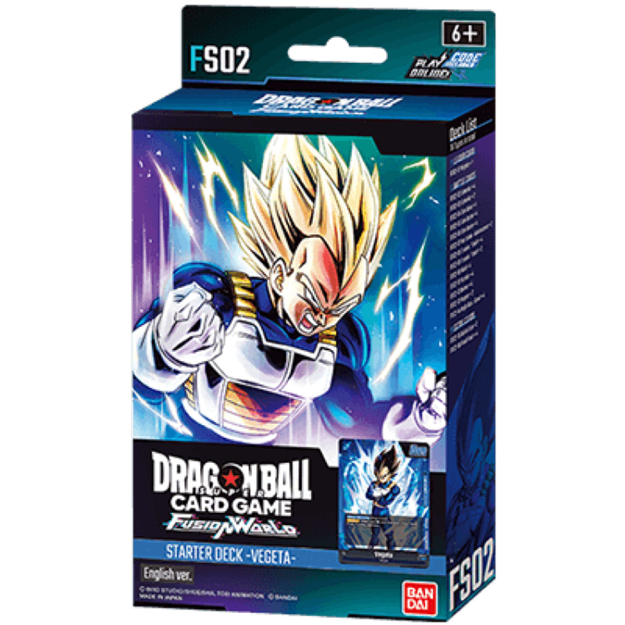 Dragon Ball Super TCG Fusion World Vegeta Starter Deck 02 FS02 packaging featuring vibrant artwork of Vegeta in action.