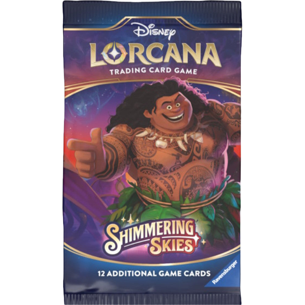 Disney Lorcana TCG Shimmering Skies booster pack featuring a character with tattoos and a vibrant design, containing 12 game cards.