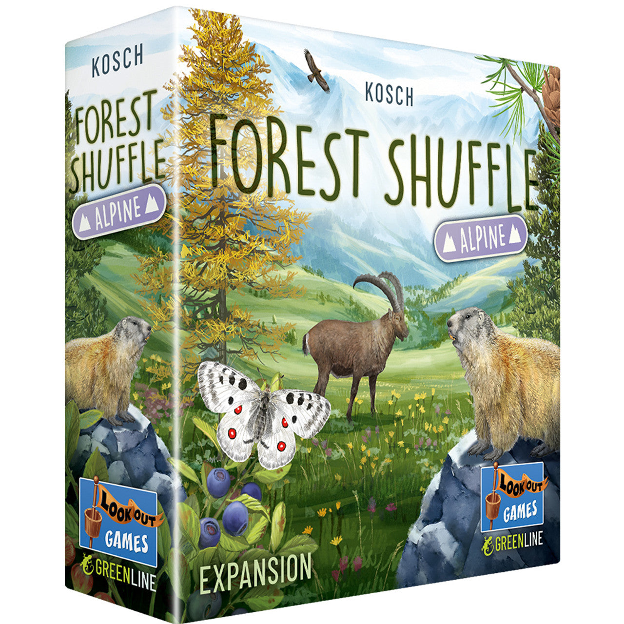 Forest Shuffle Alpine Expansion box featuring a scenic alpine landscape with wildlife, including a goat and a butterfly.