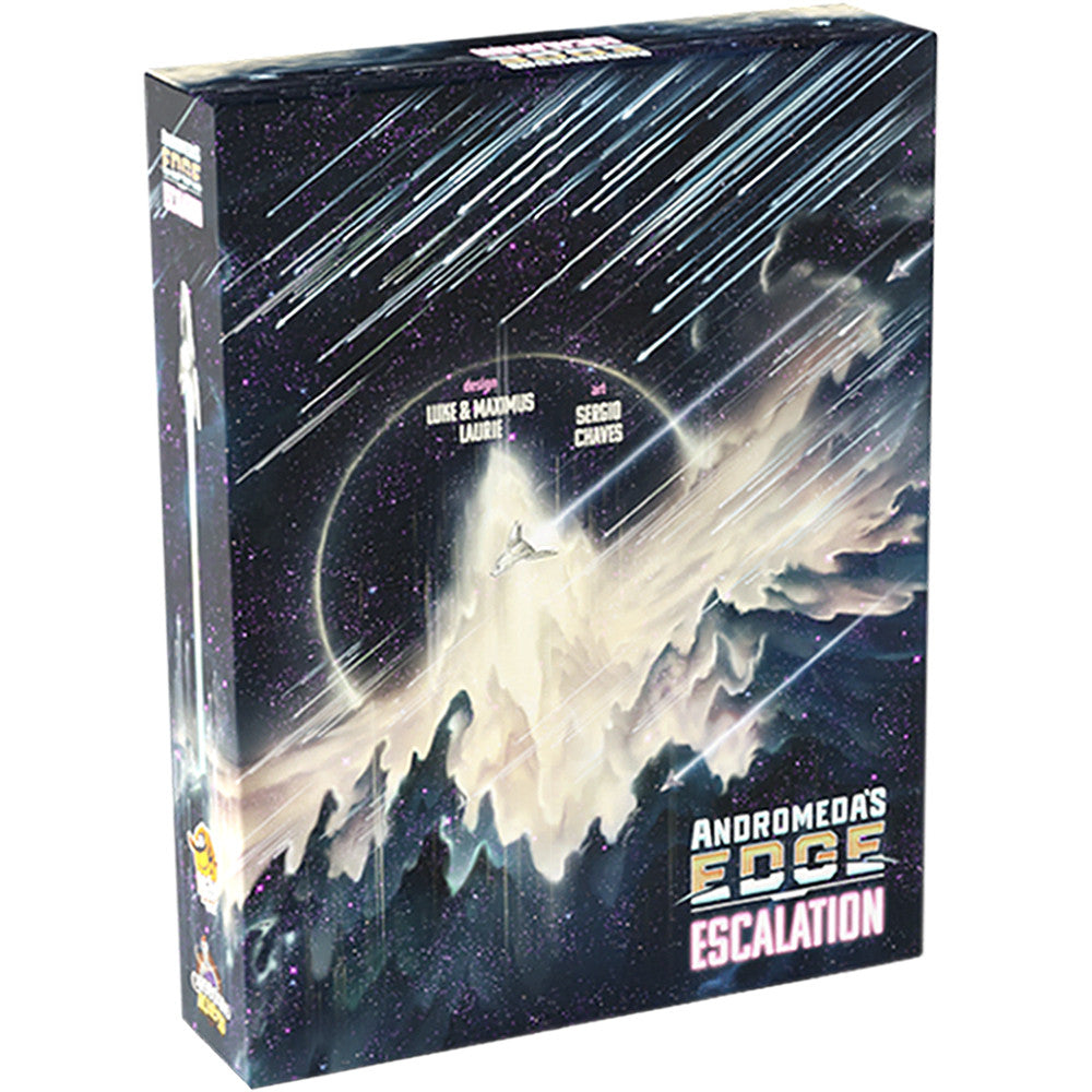 Andromeda's Edge: Escalation Expansion game box featuring a cosmic design with stars and a spaceship in a nebula.
