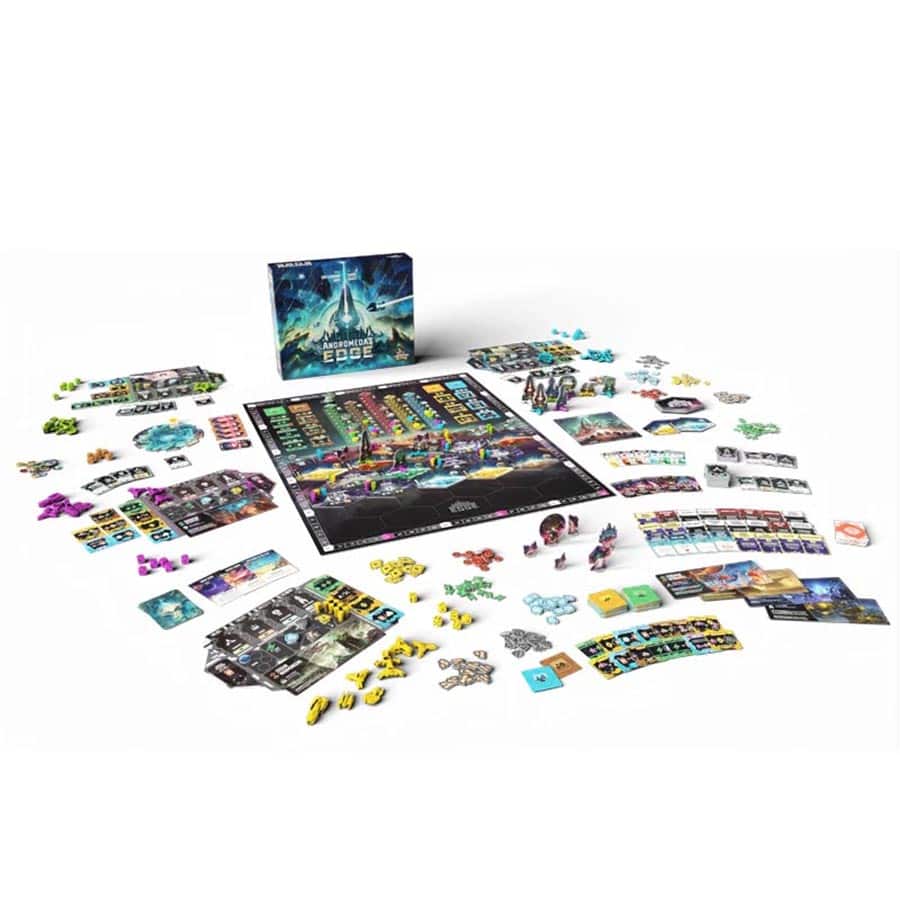 Andromeda's Edge board game displayed with game board, pieces, cards, and box, arranged on a white background.