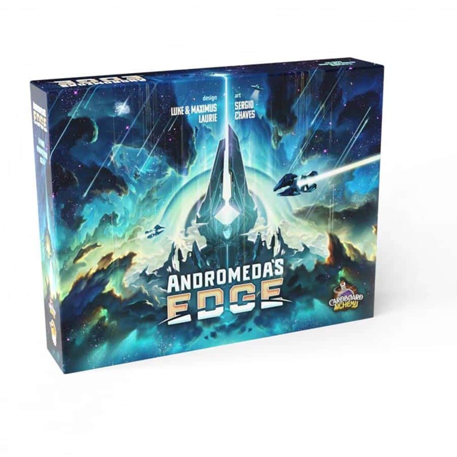 Colorful game box for Andromeda's Edge featuring a cosmic scene with spaceships and a central glowing structure.