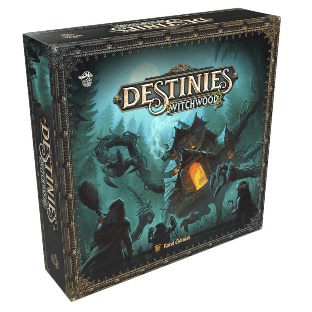 Box cover of the Destinies: Witchwood Expansion featuring a dark forest scene with a mysterious house and shadowy figures.