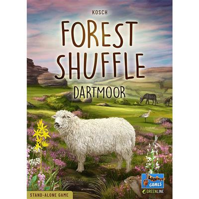 Forest Shuffle: Dartmoor board game cover featuring a sheep in a colorful Dartmoor landscape with flowers and hills.