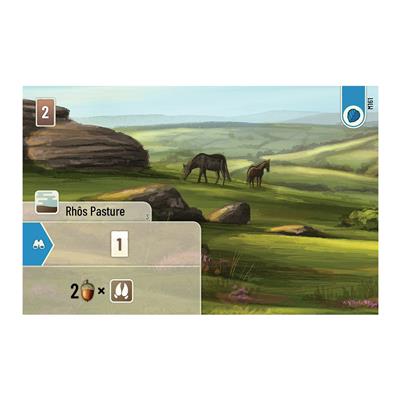 Illustration of Rhôs Pasture from Forest Shuffle: Dartmoor, featuring a serene landscape with horses and rolling hills.