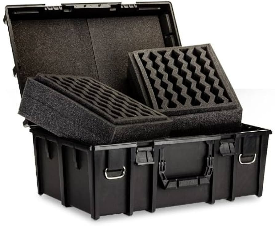 Citadel Crusade Figure Case with a black exterior and foam inserts for safely storing miniatures and gaming figures.