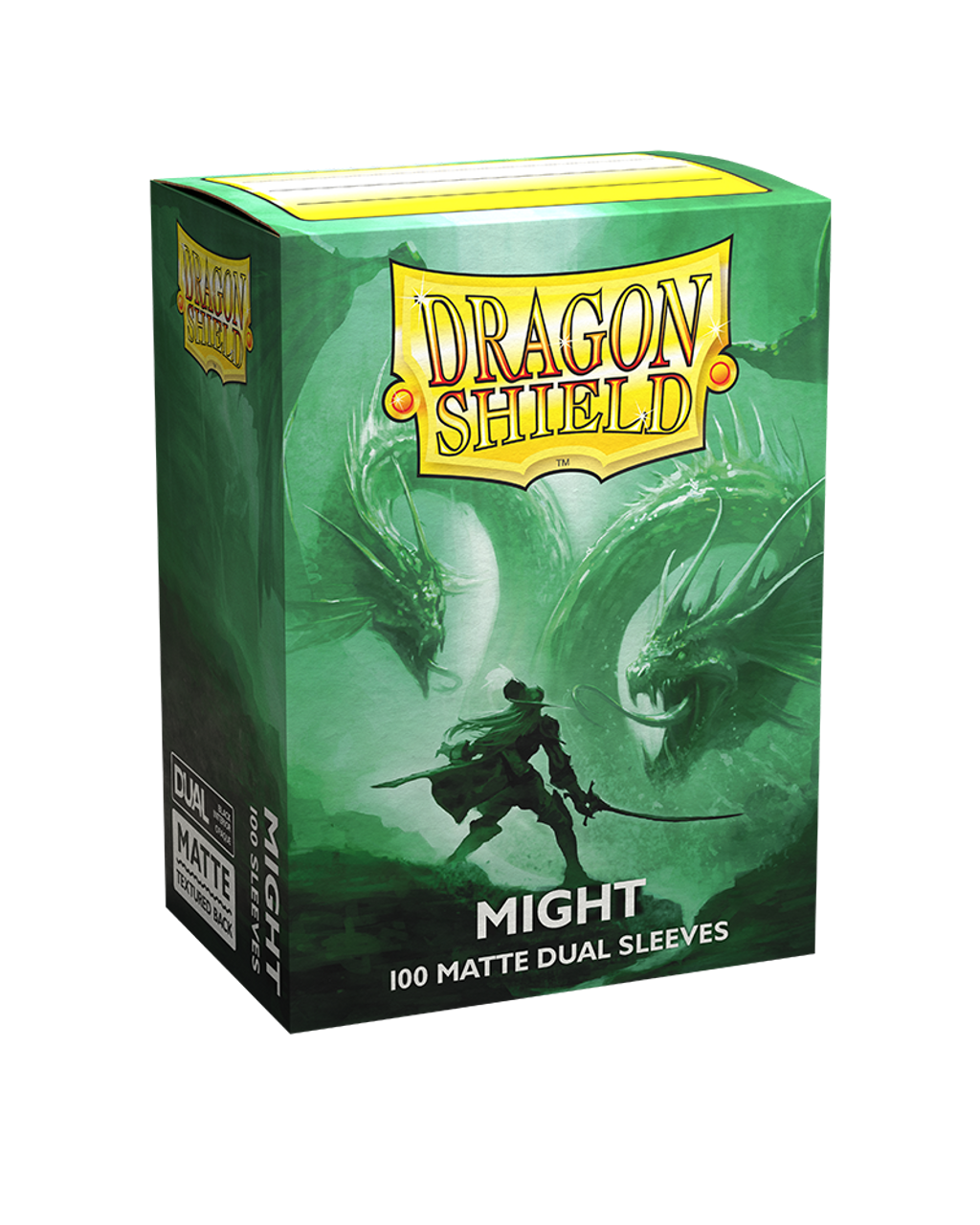 Dragon Shield Might Matte Dual Standard Size Card Sleeves package featuring a warrior and two dragons on a green background.