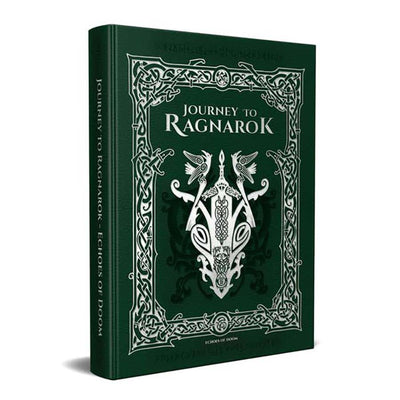 Deluxe edition cover of Journey to Ragnarok: Echoes of Doom for 5E, featuring intricate green and silver designs.