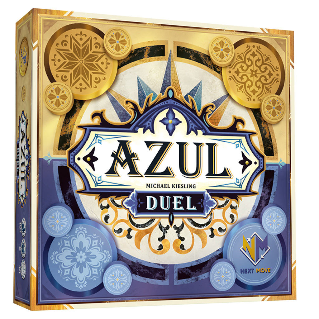 Azul Duel board game box featuring intricate designs, vibrant colors, and the title prominently displayed.