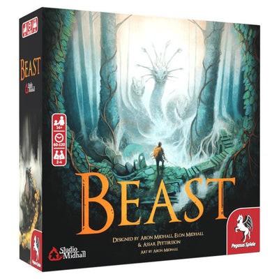 Box cover of the board game "Beast," featuring a mysterious forest with a towering creature and a lone figure.