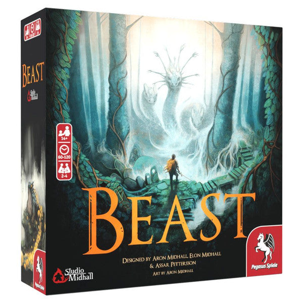 Box cover of the board game "Beast," featuring a mysterious forest with a towering creature and a lone figure.