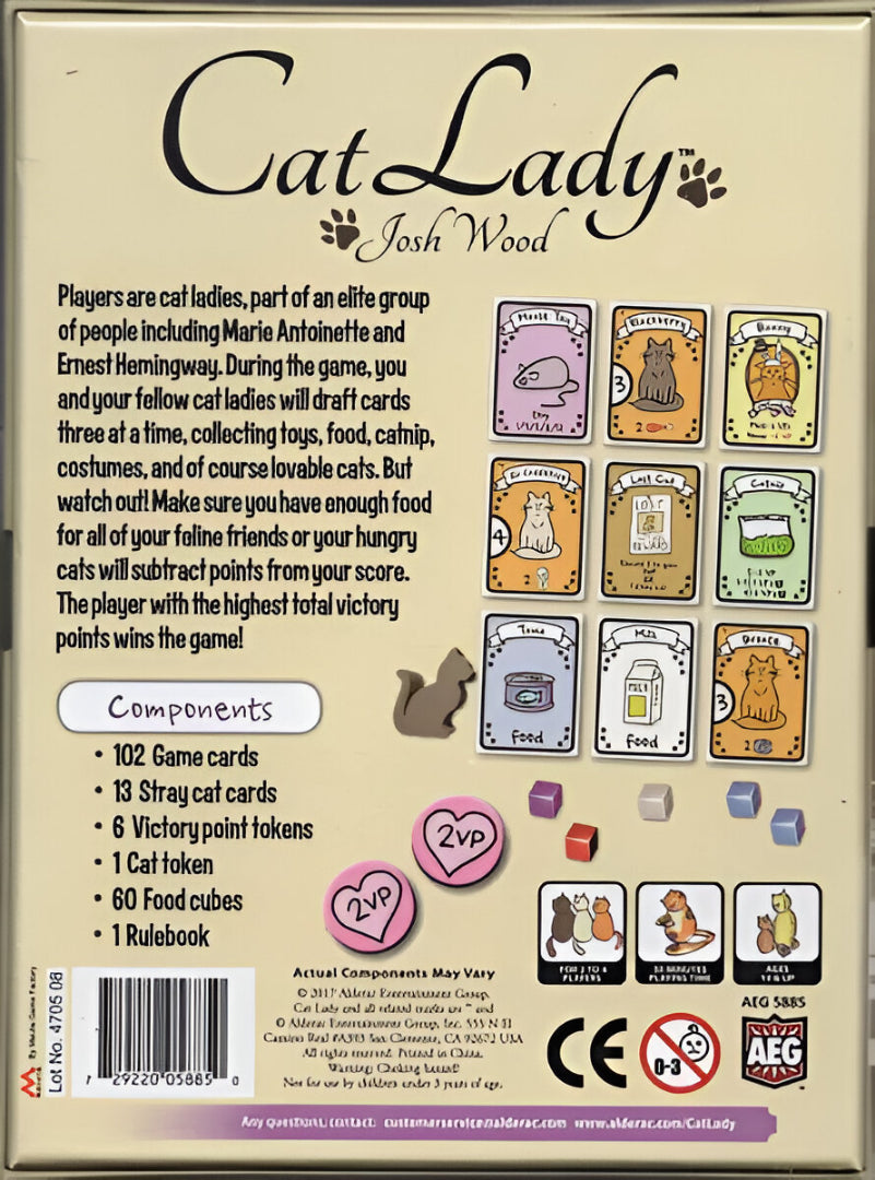 Back cover of the Cat Lady board game, showcasing components and gameplay details for strategy enthusiasts.