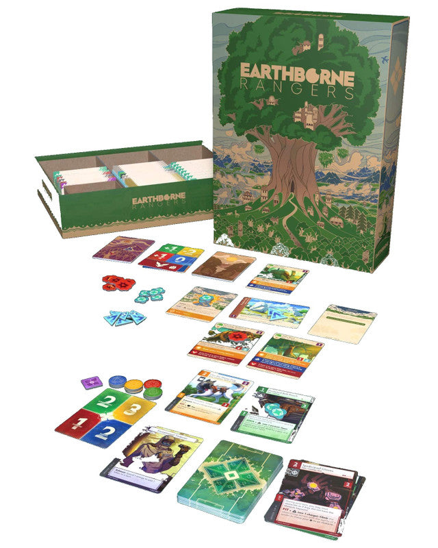 Earthborne Rangers board game box with cards, tokens, and game components arranged on a flat surface.