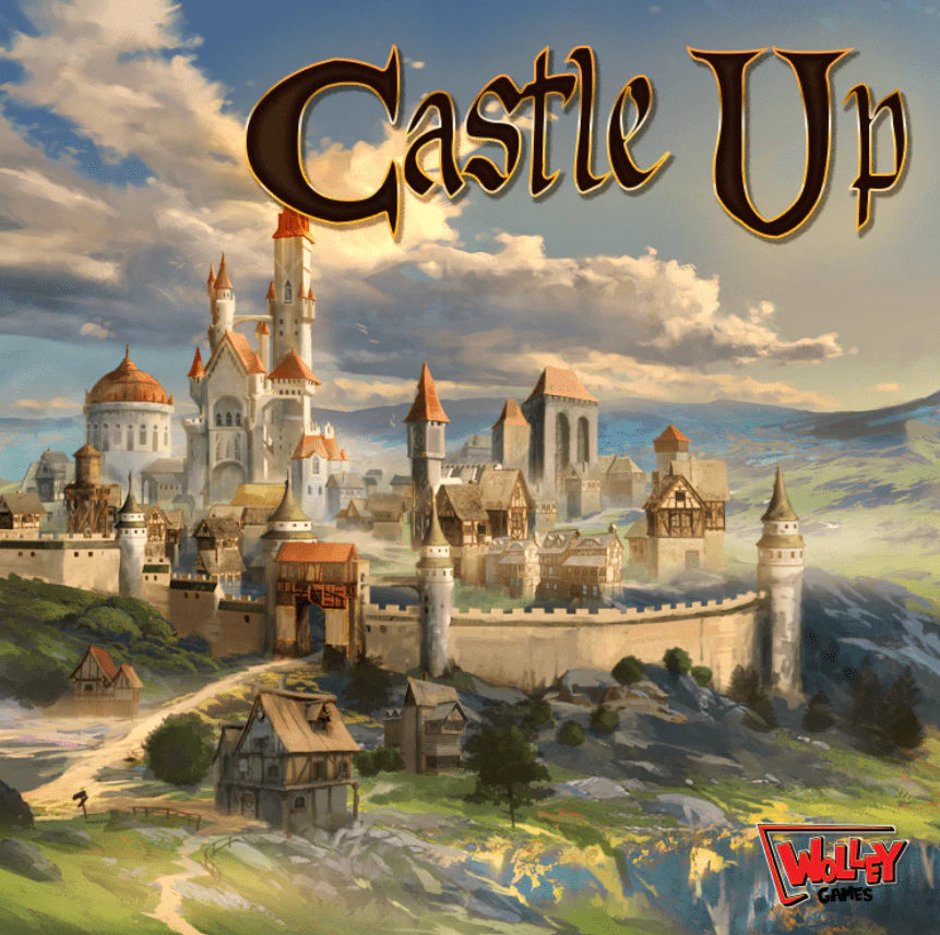 Colorful artwork of a medieval castle surrounded by villages and mountains, promoting the board game Castle Up.