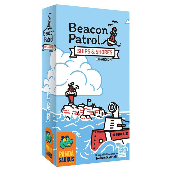 Colorful box for the "Beacon Patrol: Ships & Shores Expansion" featuring a lighthouse, ships, and playful illustrations.