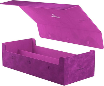 Purple Game Genic Deck Box: Dungeon 1100+ Convertible with an open lid, designed for card storage and organization.