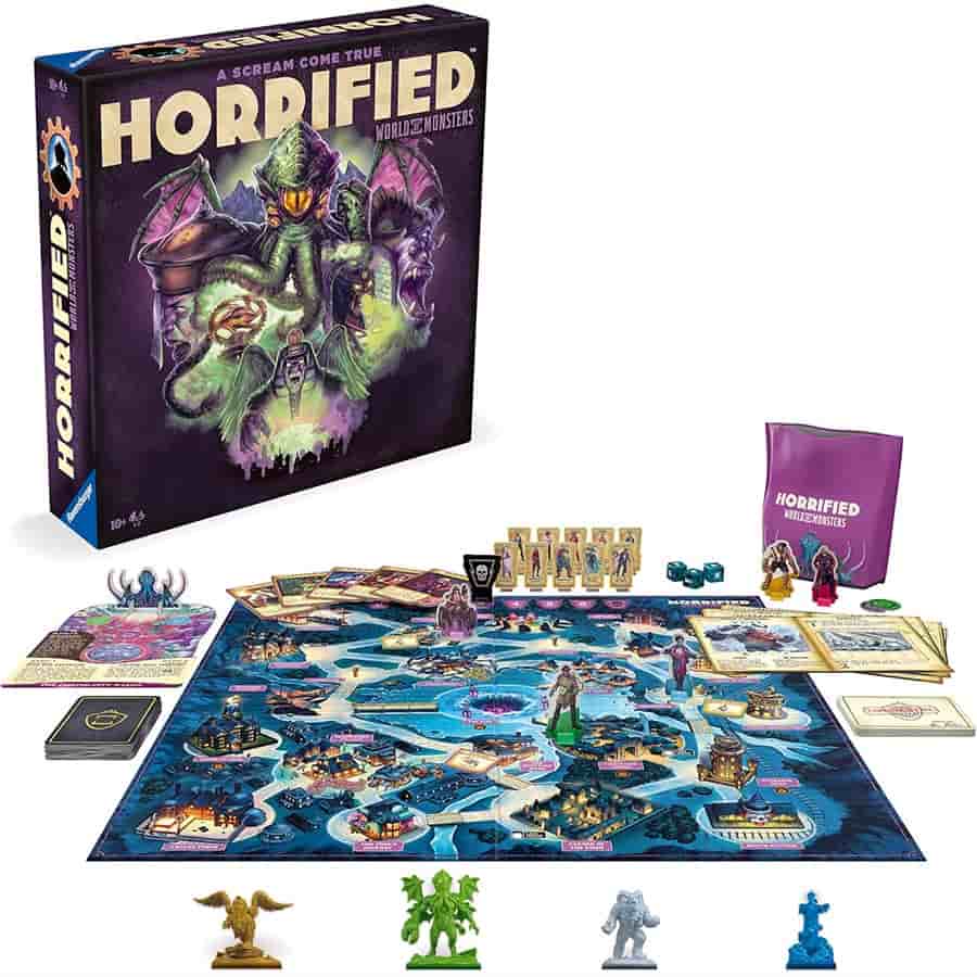 Horrified: World of Monsters board game with colorful game pieces, map, and monster-themed components displayed on a table.