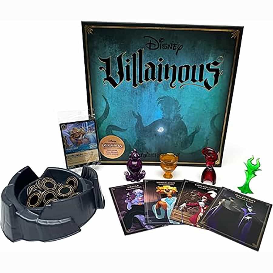 Disney Villainous: Introduction to Evil board game set featuring the game box, character tokens, cards, and a game tray.
