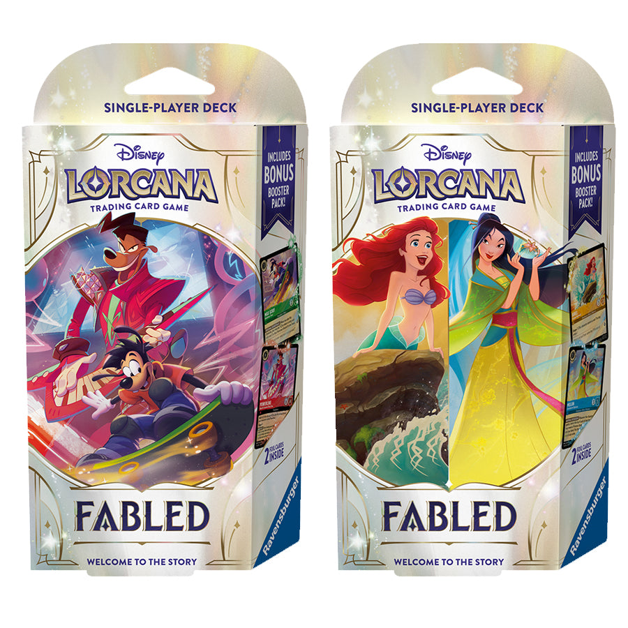 Disney Lorcana: Fabled starter deck set featuring two single-player decks with colorful artwork and bonus booster pack.